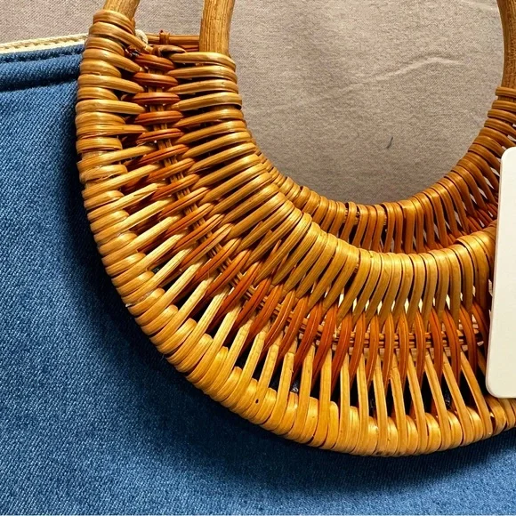 Straw Studios Blue Denim Handmade Rattan Trimmed Zipper Close Tote Handbag - Picture 8 of 14